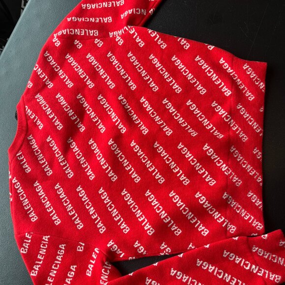 NWT Balenciaga Long Sleeve Knit Top Crewneck Mini Logo Allover Red Wool Blend - Picture 8 of 9